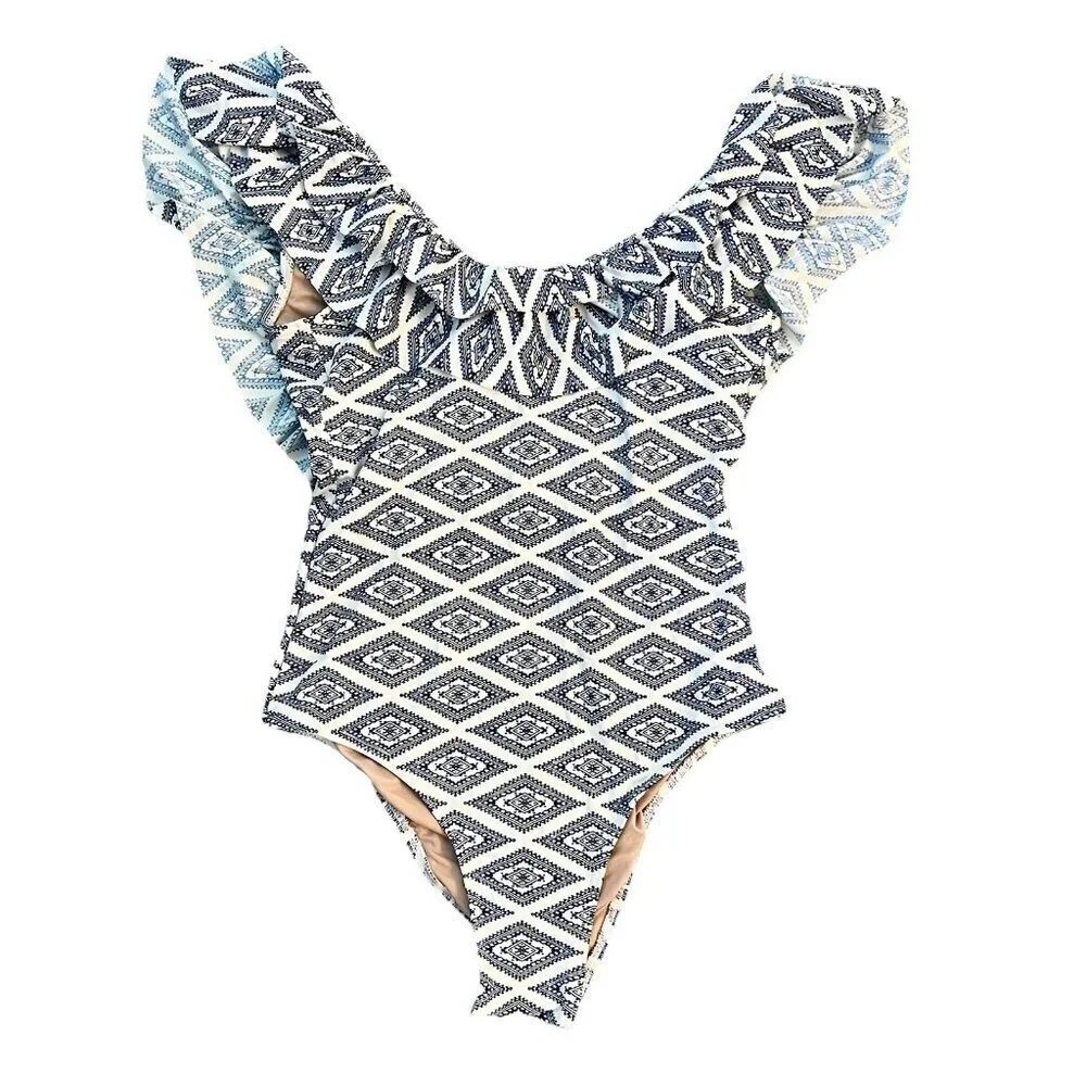 Tart Collections Women’s One Piece Swimsuit Size Small White Blue Ruffle